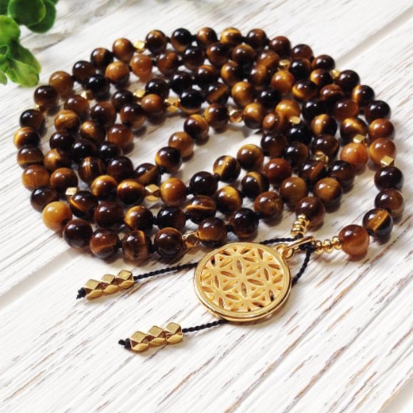 NEW! Tigers Eye Mala Beads 6mm Gold Flower Of Life Pendant Necklace High Quality - Picture 3 of 3